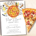 Pizza & Brew Probe Dinner Einladung<br><div class="desc">Lässige Pizza & Brötchen vor I-do's Probe Dinner Einladung mit einer Pizza auf einer Pizzapuppe mit Bierflaschen und Set auf einem neutralen Taupe & White Stripe Tischdecken. Für dieses blaue Design in unserem verfügbar</div>