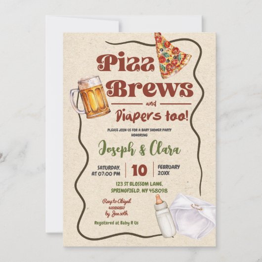 Pizza Brews and Diapers Co-Ed Baby Shower Einladung (Vorderseite)