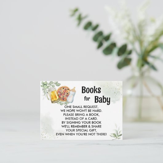 Pizza & Brews Baby Shower Book Request Greenery Begleitkarte (Stehend Vorderseite)
