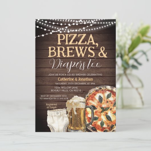 Pizza, Brews & Diapers auch, Baby Dusche Holz Einladung (Stehend Vorderseite)