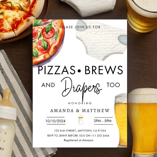 Pizza, Brews & Diapers Lässige Paare Kinderdusche Einladung