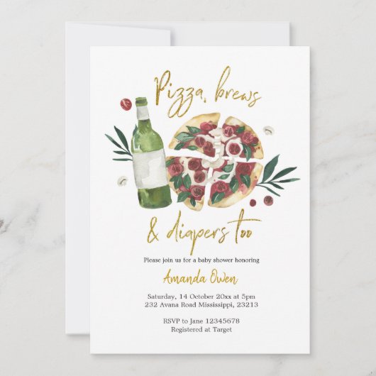 Pizza, Brews und Diapers zu Baby Dusche Einladung (Vorderseite)
