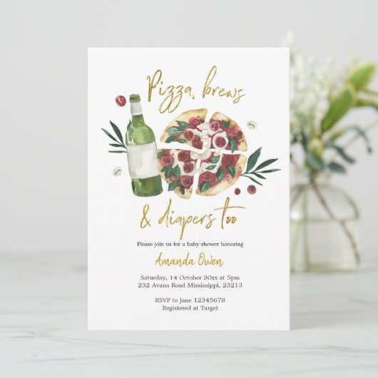 Pizza, Brews und Diapers zu Baby Dusche Einladung (Stehend Vorderseite)
