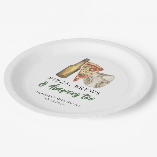 Pizza, Brews und Diapers zu Baby-Dusche Pappteller (Schrägansicht)