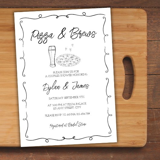 Pizza & Brews Whimsical Hand Drawn Couples Dusche Einladung
