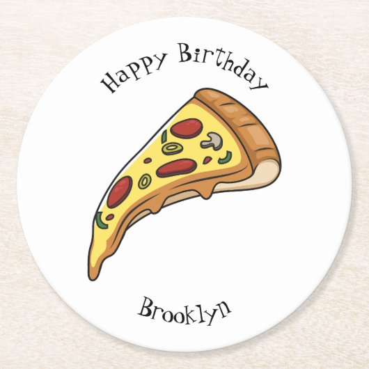 Pizza Cartoon Illustration Runder Pappuntersetzer (Vorderseite)