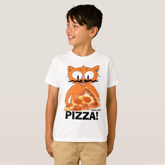 PIZZA! Cartoon Mustache Katze mit Pizza Slice T-Shirt (Vorne ganz)