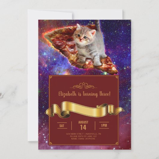Pizza Cat im Weltraum Funny Einladung (Vorderseite)