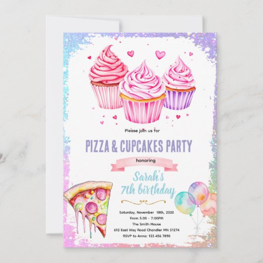 Pizza cupcake girl theme invite einladung (Vorderseite)