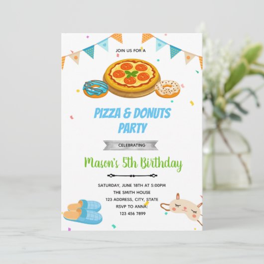 Pizza donuts Junge - Einladung (Stehend Vorderseite)