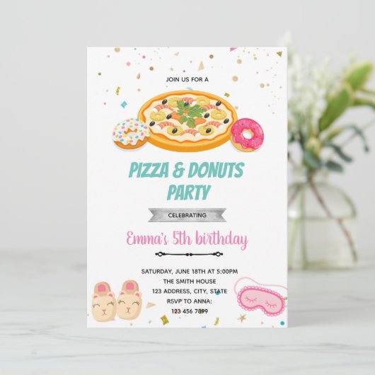 Pizza donuts Mädchen Schlummer Einladung (Stehend Vorderseite)