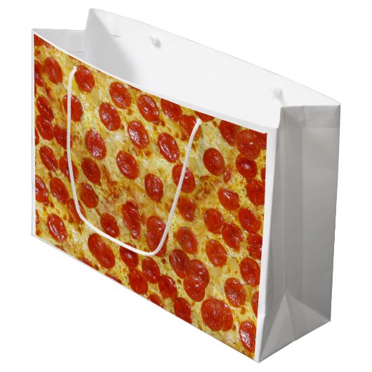 Pizza-Druck auf Geschenk-Tasche Große Geschenktüte (Vorderseite Schrägansicht)