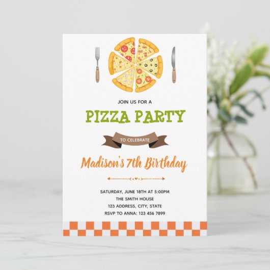 Pizza-Geburtstagsfeier Einladung (Stehend Vorderseite)