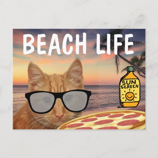 PIZZA GINGER CAT BEACH SUNGLASSEN POSTCARD POSTKARTE (Vorderseite)