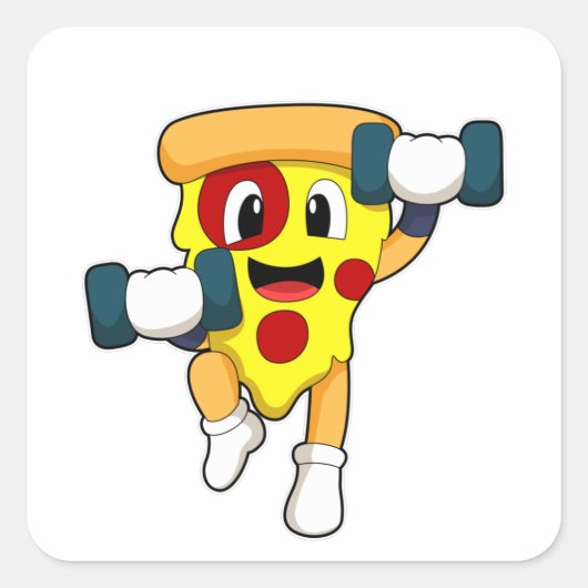 Pizza in Fitness mit Dumbells Quadratischer Aufkleber (Vorderseite)