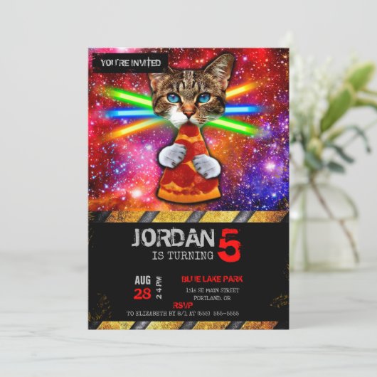 Pizza Katze mit Lasern Einladung (Stehend Vorderseite)