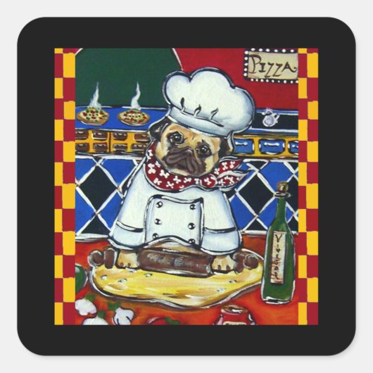 Pizza Koch Mops Quadratischer Aufkleber (Vorderseite)