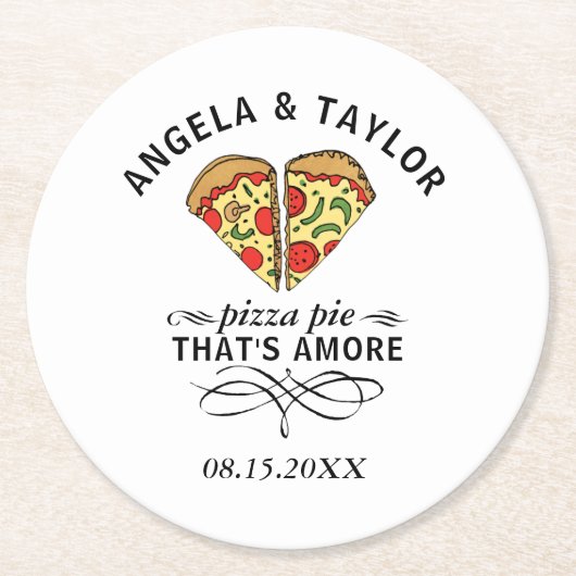 Pizza Liebe Trendy Wedding Monogram Date Runder Pappuntersetzer (Vorderseite)
