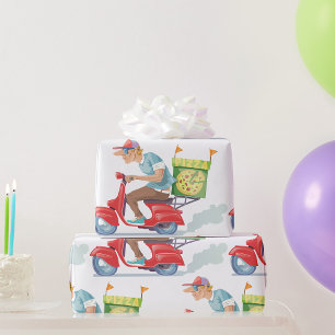 Pizza-Lieferjunge auf rotem Roller Geschenkpapier