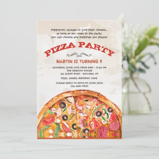 Pizza mit Einladung (Stehend Vorderseite)