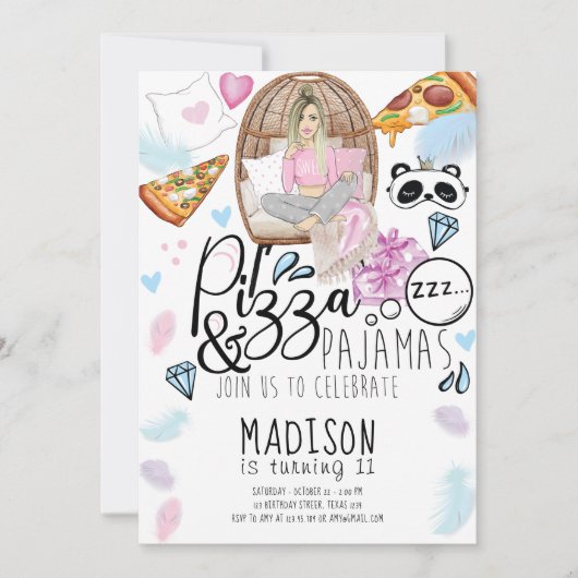 Pizza & Pajamas Sleepover Geburtstag Einladung (Vorderseite)