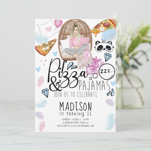 Pizza & Pajamas Sleepover Geburtstag Einladung (Stehend Vorderseite)