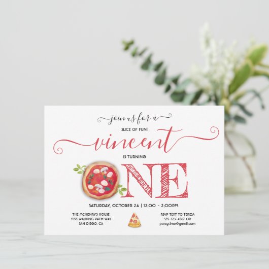 Pizza Party 1. Geburtstag Moderne Einladung (Stehend Vorderseite)