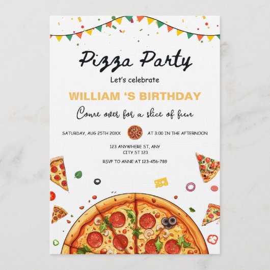 Pizza Party Birthday Invitation, Food Theme Barty Einladung (Vorderseite)