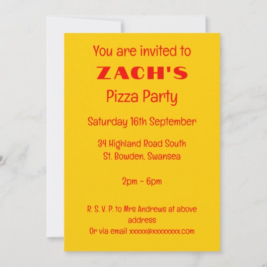 Pizza Party Cartoon  Einladung (Rückseite)