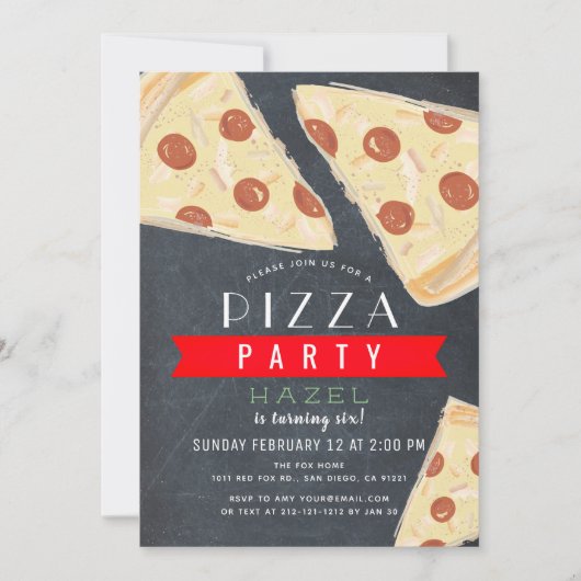 Pizza Party Chalkboard Red Gingham Birthday Einladung (Vorderseite)