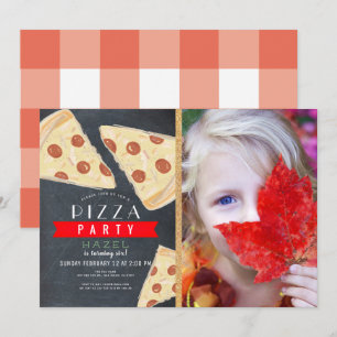 Pizza Party Chalkboard Red Gingham Foto Geburtstag Einladung