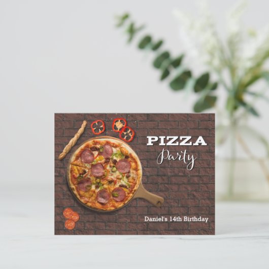 Pizza Party Custom Einladung Postkarte (Stehend Vorderseite)