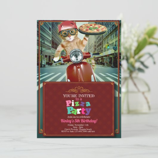 Pizza Party! Einladung zur Katzen (Stehend Vorderseite)