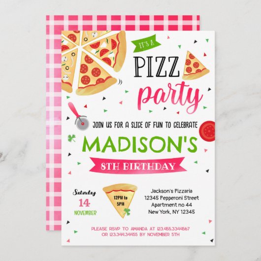 Pizza Party Geburtstag Einladungen für Mädchen (Vorne/Hinten)