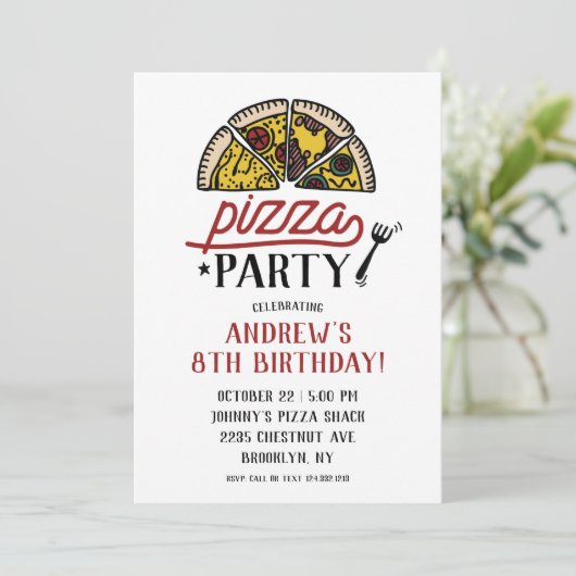 Pizza Party Geburtstagsfeier Einladung (Stehend Vorderseite)