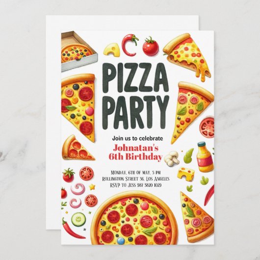 Pizza Party Geburtstagsparty Einladung (Vorne/Hinten)