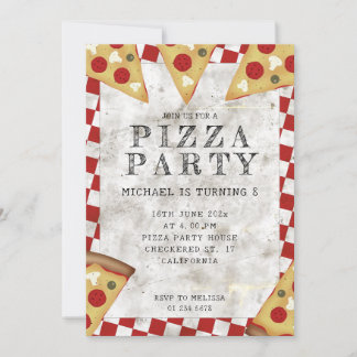 Pizza Party Kindergeburtstag mit karierten Retromu Einladung