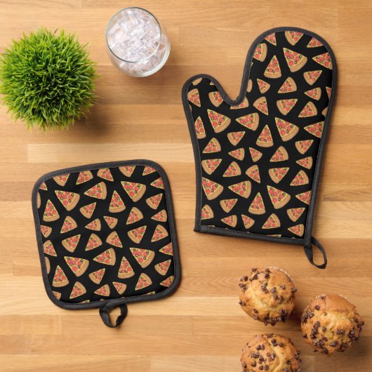 Pizza Party Pattern Black Ofenhandschuh & Topflappen-Set (Oben Unten)
