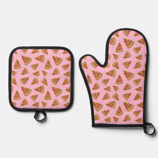 Pizza Party Pattern Pink Ofenhandschuh & Topflappen-Set (Vorderseite)