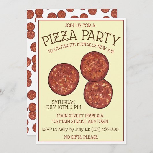 PIZZA PARTY Pepperoni Pie Slice Pizzeria Geburtsta Einladung (Vorne/Hinten)