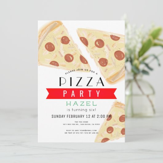 Pizza Party Red Gingham Birthday Einladung (Stehend Vorderseite)