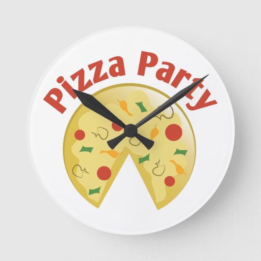Pizza-Party Runde Wanduhr (Vorderseite)