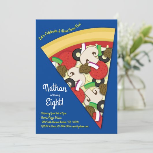 Pizza Party Supreme Combo Pizza Slice Einladung (Stehend Vorderseite)