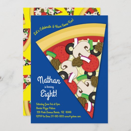 Pizza Party Supreme Combo Pizza Slice Einladung (Vorne/Hinten)