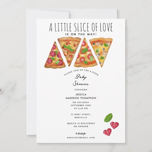 Pizza Party Thema Wasserfarbe Kinderdusche Liebe Einladung (Vorderseite)