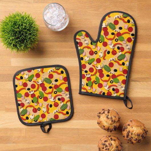 Pizza Pattern Ofenhandschuh & Topflappen-Set (Oben Unten)