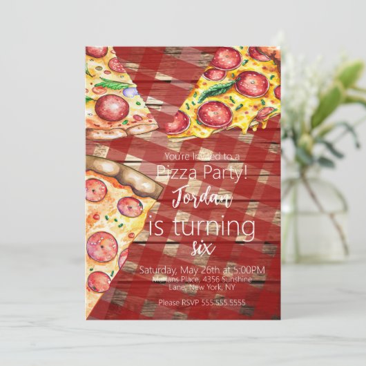 Pizza Pizza Pie Slices Birthday Party Script Einladung (Stehend Vorderseite)