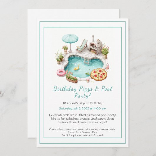 Pizza Pool Party Einladung - Spaß Sommer Geburtsta (Vorne/Hinten)