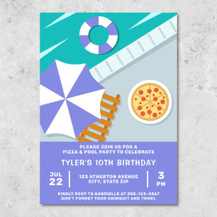 Pizza Pool Party Schwimmbad Blau Modern Einladung