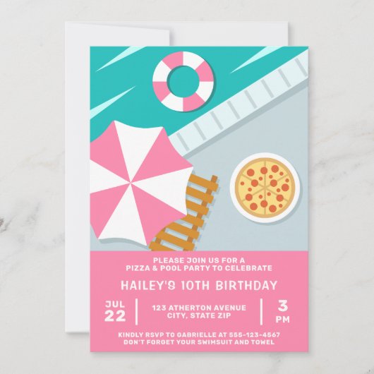 Pizza Pool Party Schwimmbad Pink Moderne Einladung (Vorderseite)